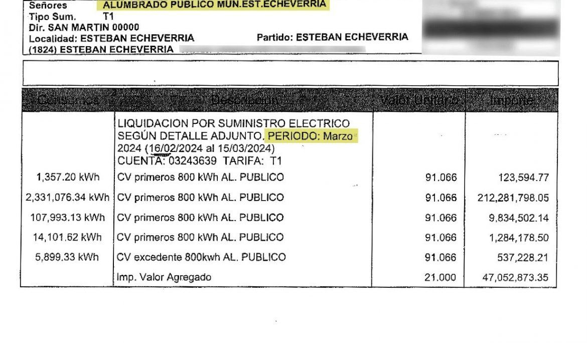 EL MUNICIPIO DE ESTEBAN ECHEVERRÍA RECIBIÓ UNA FACTURA DE LUZ DE $270 MILLONES