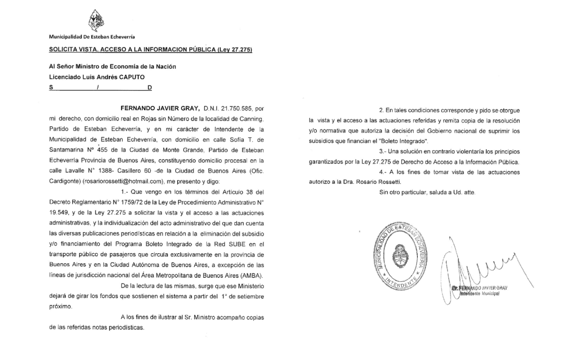 RED SUBE: FERNANDO GRAY PRESENTÓ UN PEDIDO DE ACCESO A LA INFORMACIÓN PÚBLICA